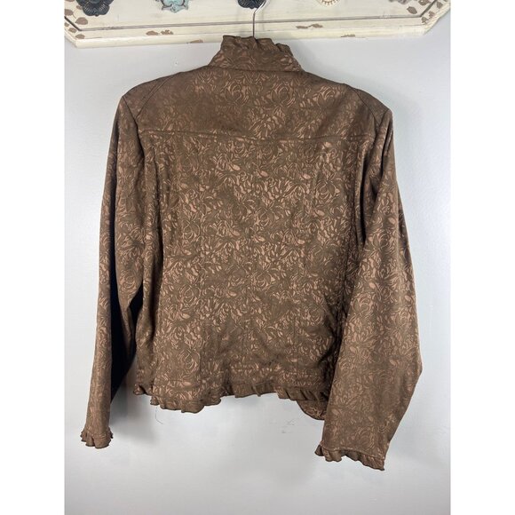 Coldwater Creek Brown Floral Roses Ruffled Hem Jacquard Jacket Medium - Picture 2 of 9